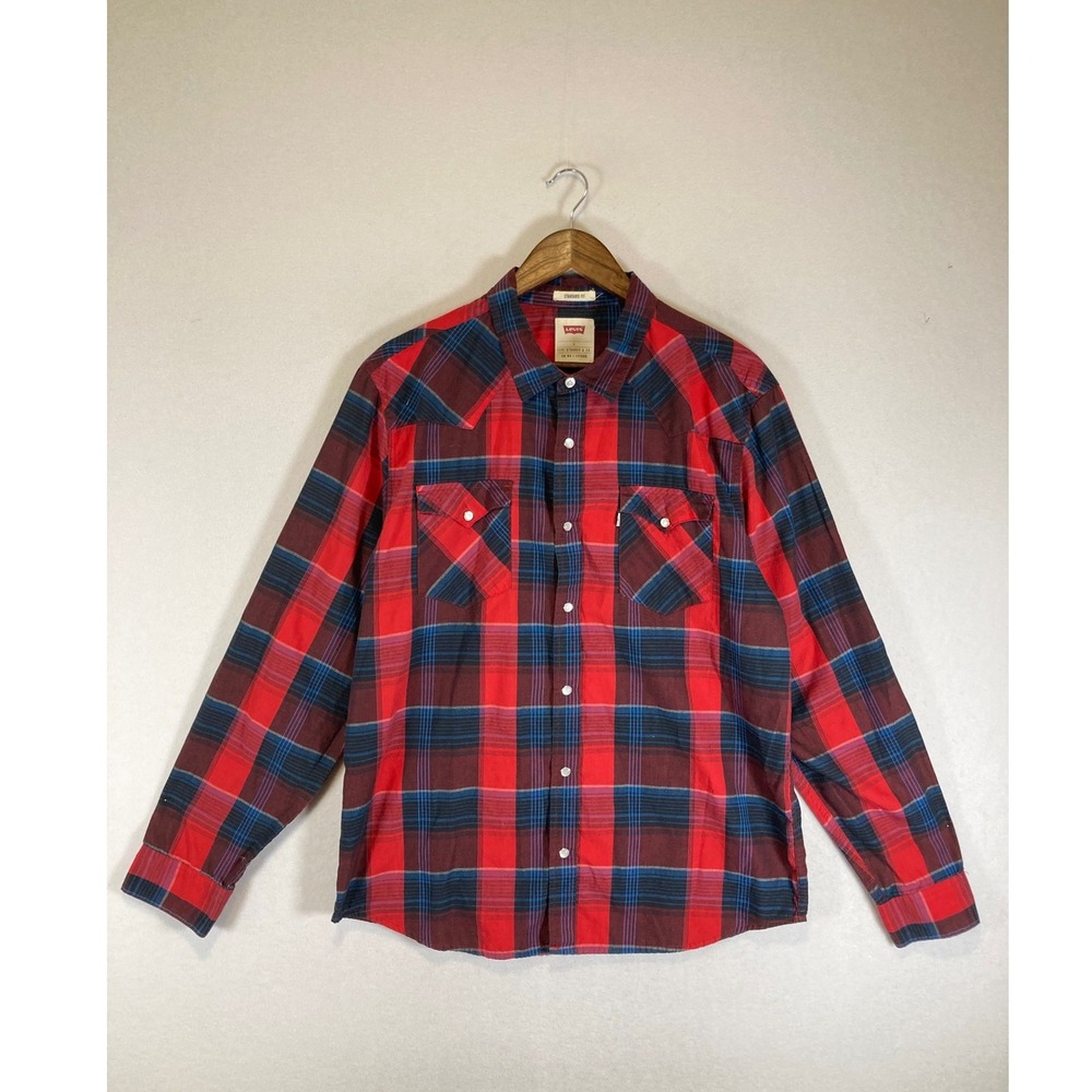 Western Cowboy Levi's Mens Large Red Blue Plaid Pearl Snap Standard Fit Shirt